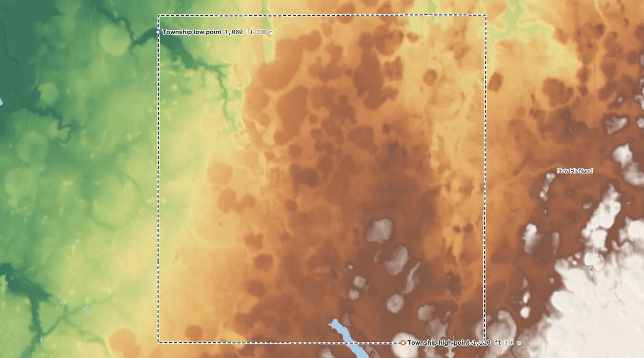 Topographic elevation map of Byron Township, Minnesota, shaded from 1,080 ft on the northwest side to 1,210 ft on the south side