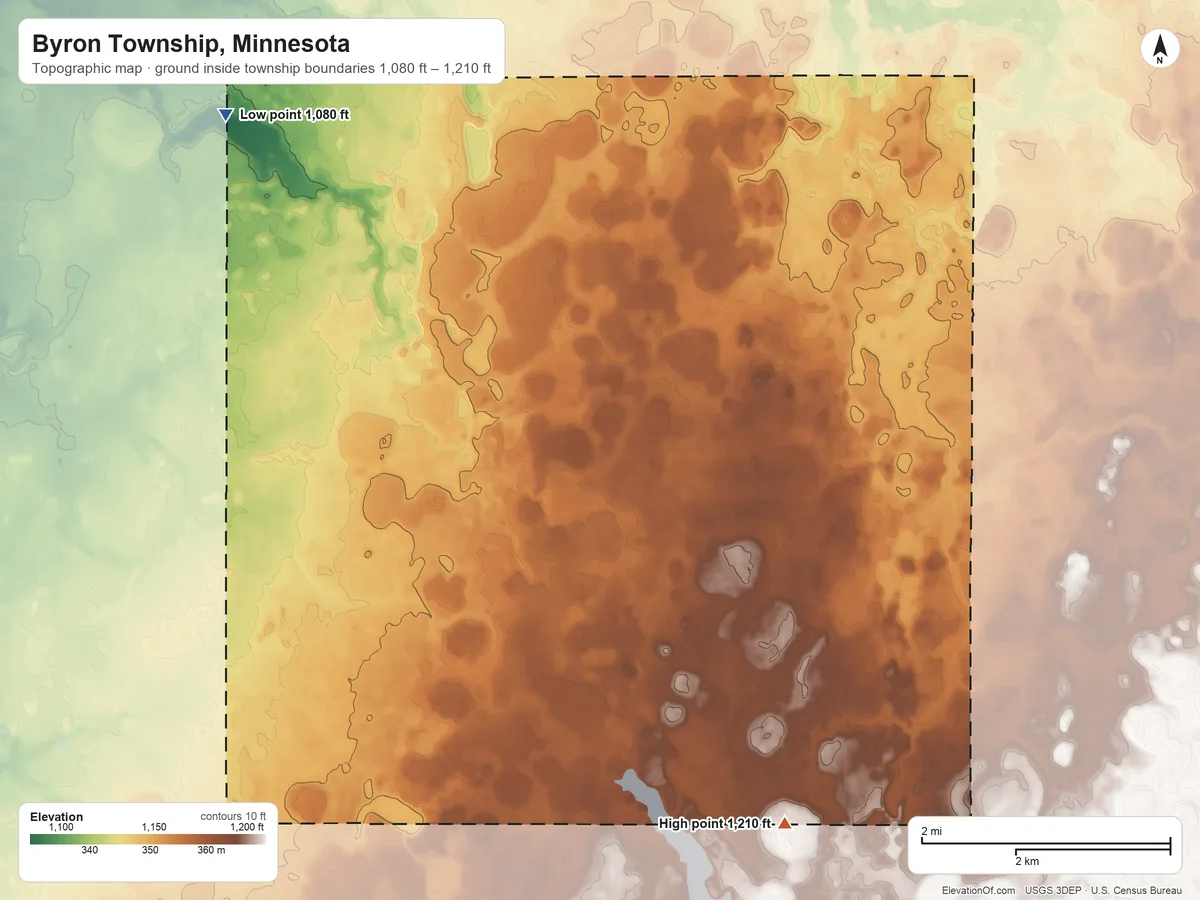 Topographic elevation map of Byron Township, Minnesota, shaded from 1,080 ft on the northwest side to 1,210 ft on the south side