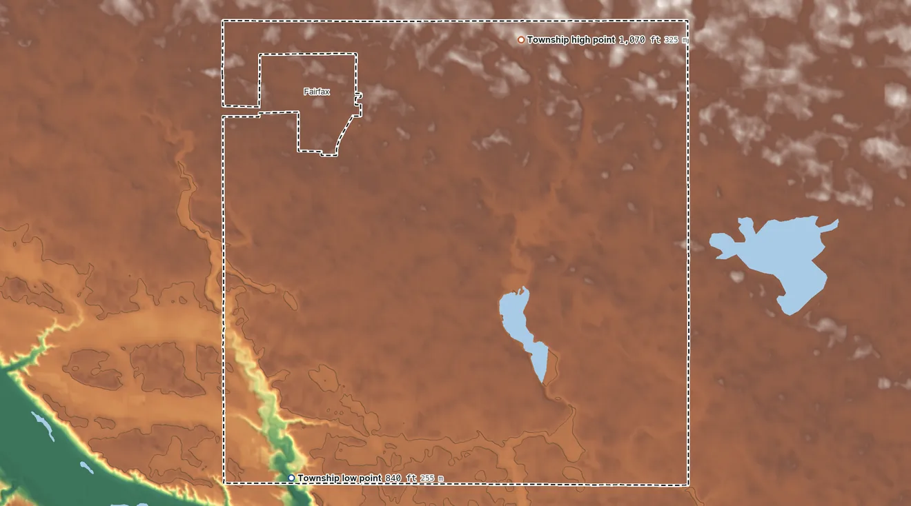 Topographic elevation map of Cairo Township, Minnesota, shaded from 840 ft on the south side to 1,070 ft on the northeast side