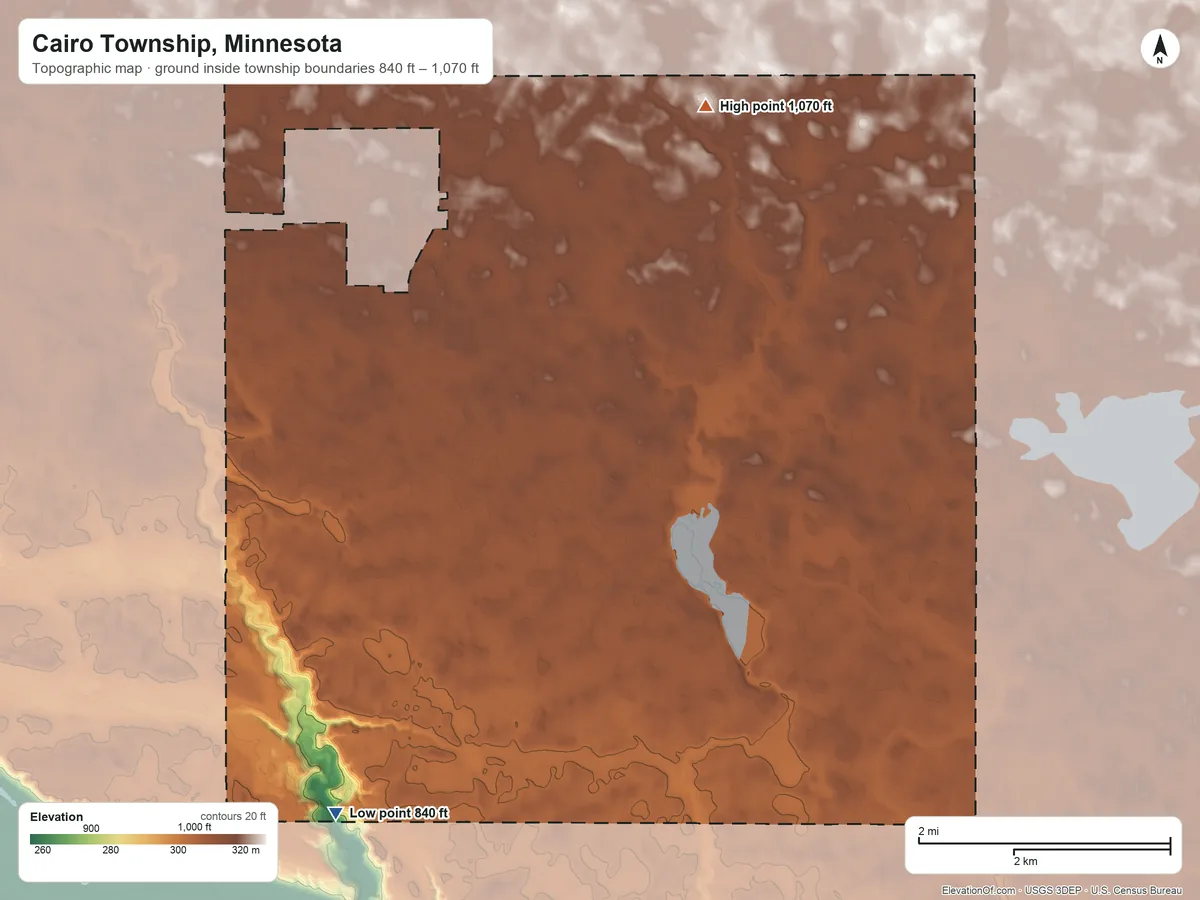 Topographic elevation map of Cairo Township, Minnesota, shaded from 840 ft on the south side to 1,070 ft on the northeast side