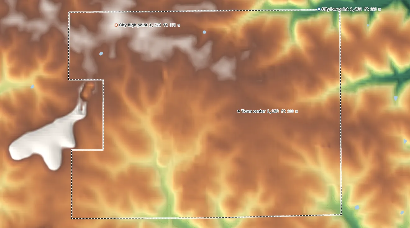 Topographic elevation map of Caledonia, Minnesota, shaded from 1,060 ft on the northeast side to 1,220 ft on the northwest side