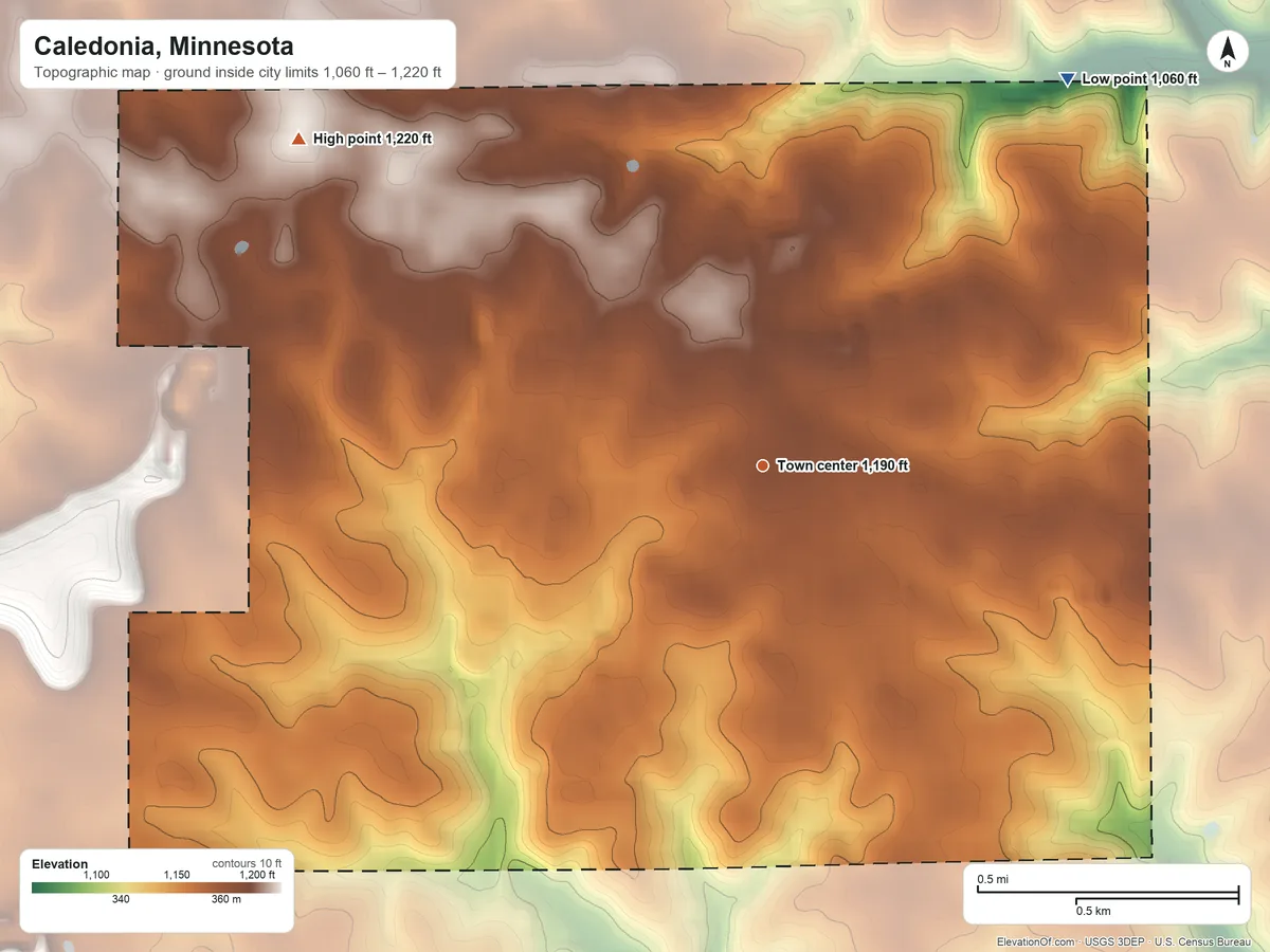 Topographic elevation map of Caledonia, Minnesota, shaded from 1,060 ft on the northeast side to 1,220 ft on the northwest side