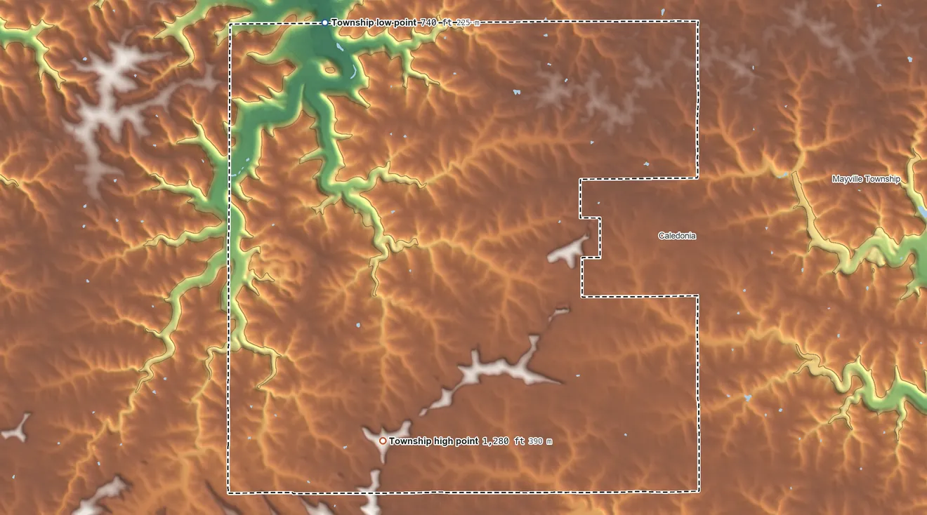 Topographic elevation map of Caledonia Township, Minnesota, shaded from 740 ft on the northwest side to 1,280 ft on the southwest side