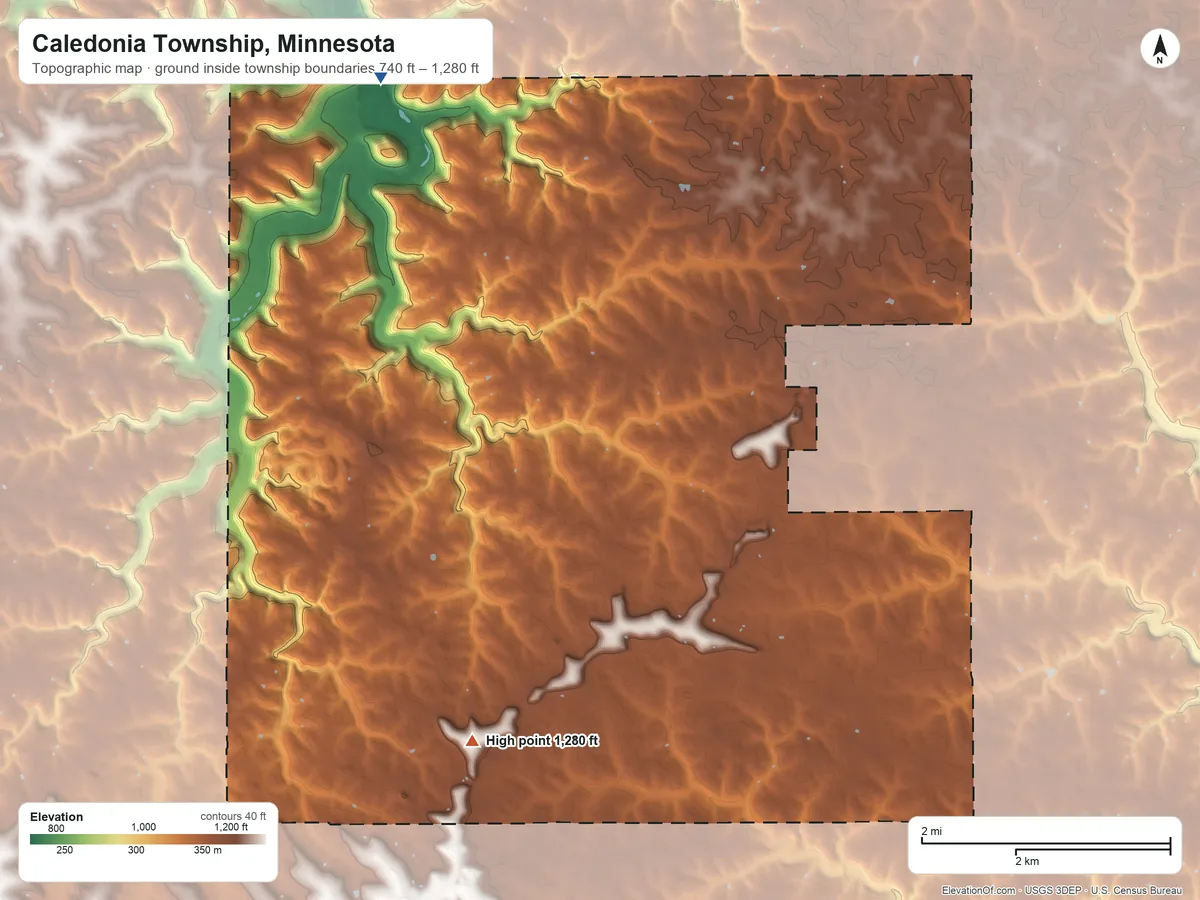 Topographic elevation map of Caledonia Township, Minnesota, shaded from 740 ft on the northwest side to 1,280 ft on the southwest side