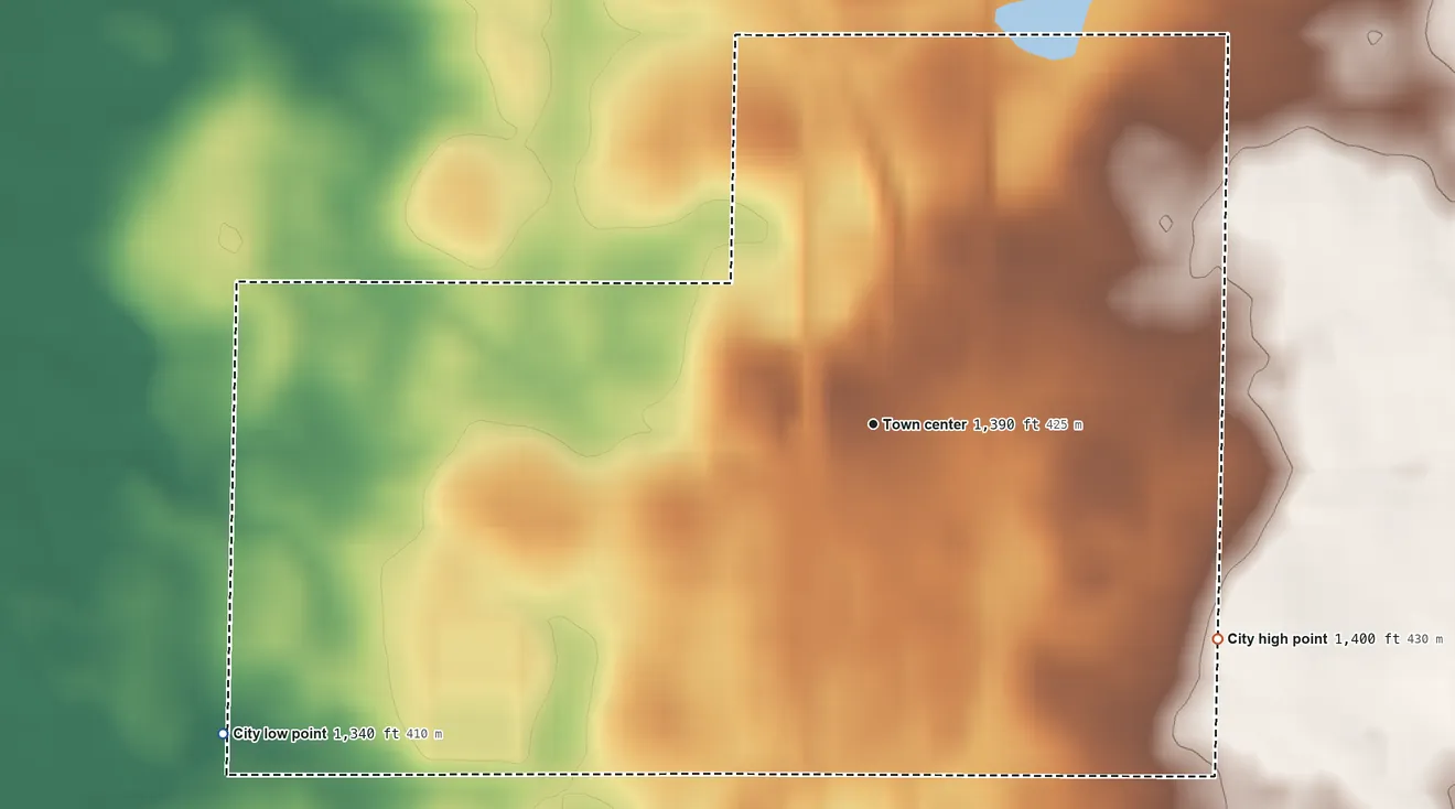 Topographic elevation map of Callaway, Minnesota, shaded from 1,340 ft on the southwest side to 1,400 ft on the southeast side
