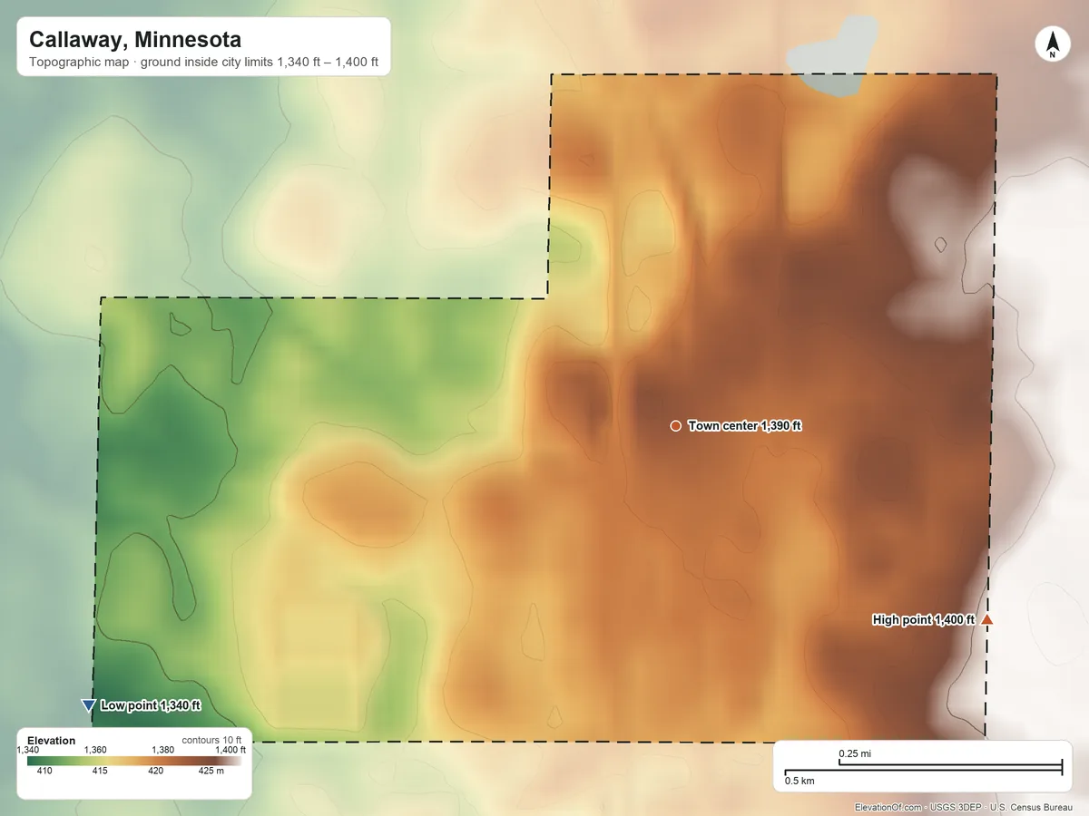 Topographic elevation map of Callaway, Minnesota, shaded from 1,340 ft on the southwest side to 1,400 ft on the southeast side