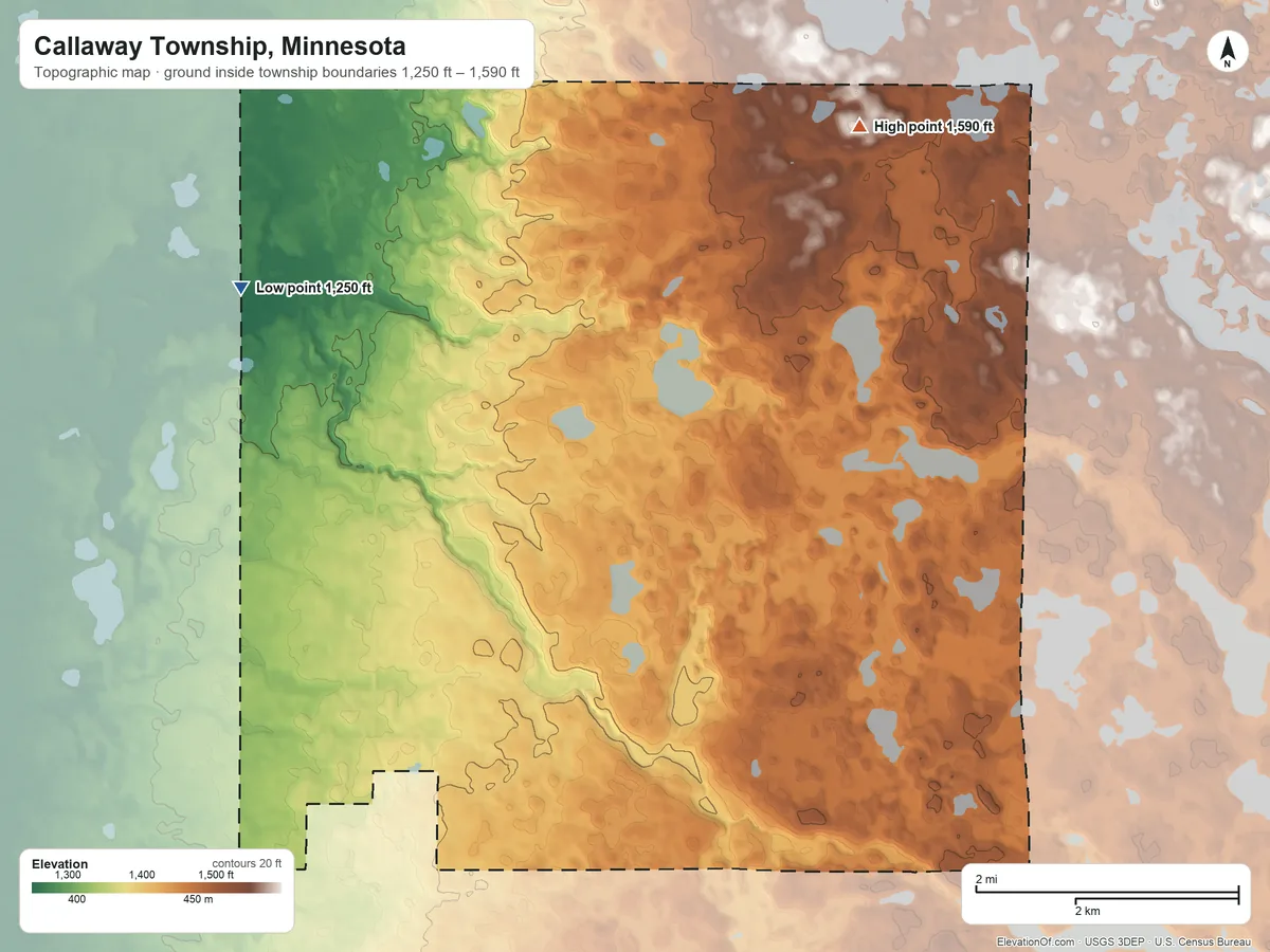 Topographic elevation map of Callaway Township, Minnesota, shaded from 1,250 ft on the northwest side to 1,590 ft on the northeast side