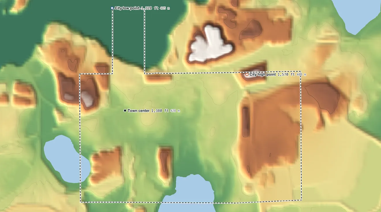 Topographic elevation map of Calumet, Minnesota, shaded from 1,320 ft on the north side to 1,570 ft on the east side