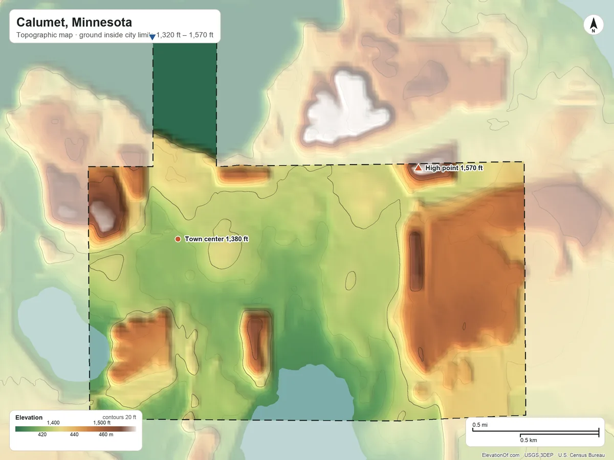 Topographic elevation map of Calumet, Minnesota, shaded from 1,320 ft on the north side to 1,570 ft on the east side