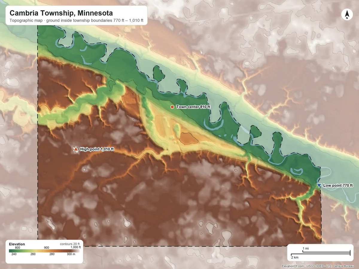 Topographic elevation map of Cambria Township, Minnesota, shaded from 770 ft on the southeast side to 1,010 ft on the southwest side