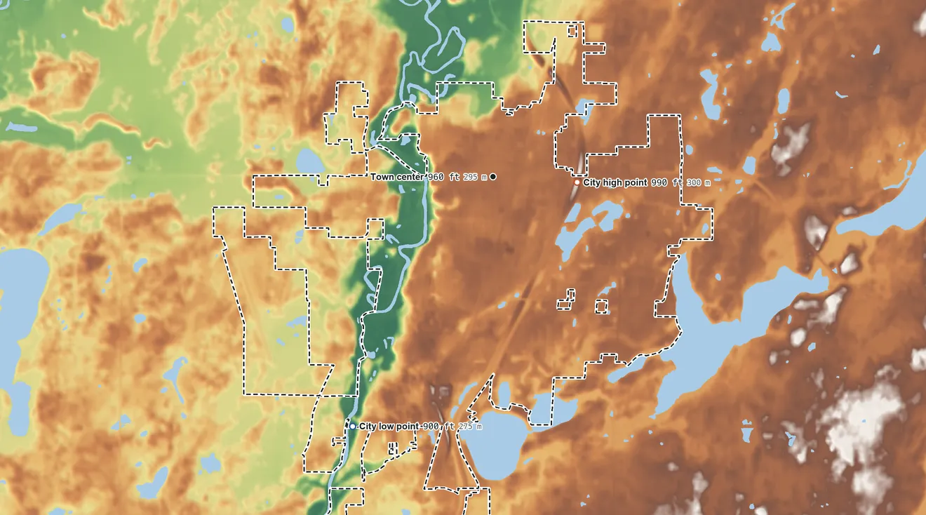 Topographic elevation map of Cambridge, Minnesota, shaded from 900 ft on the southwest side to 990 ft on the east side