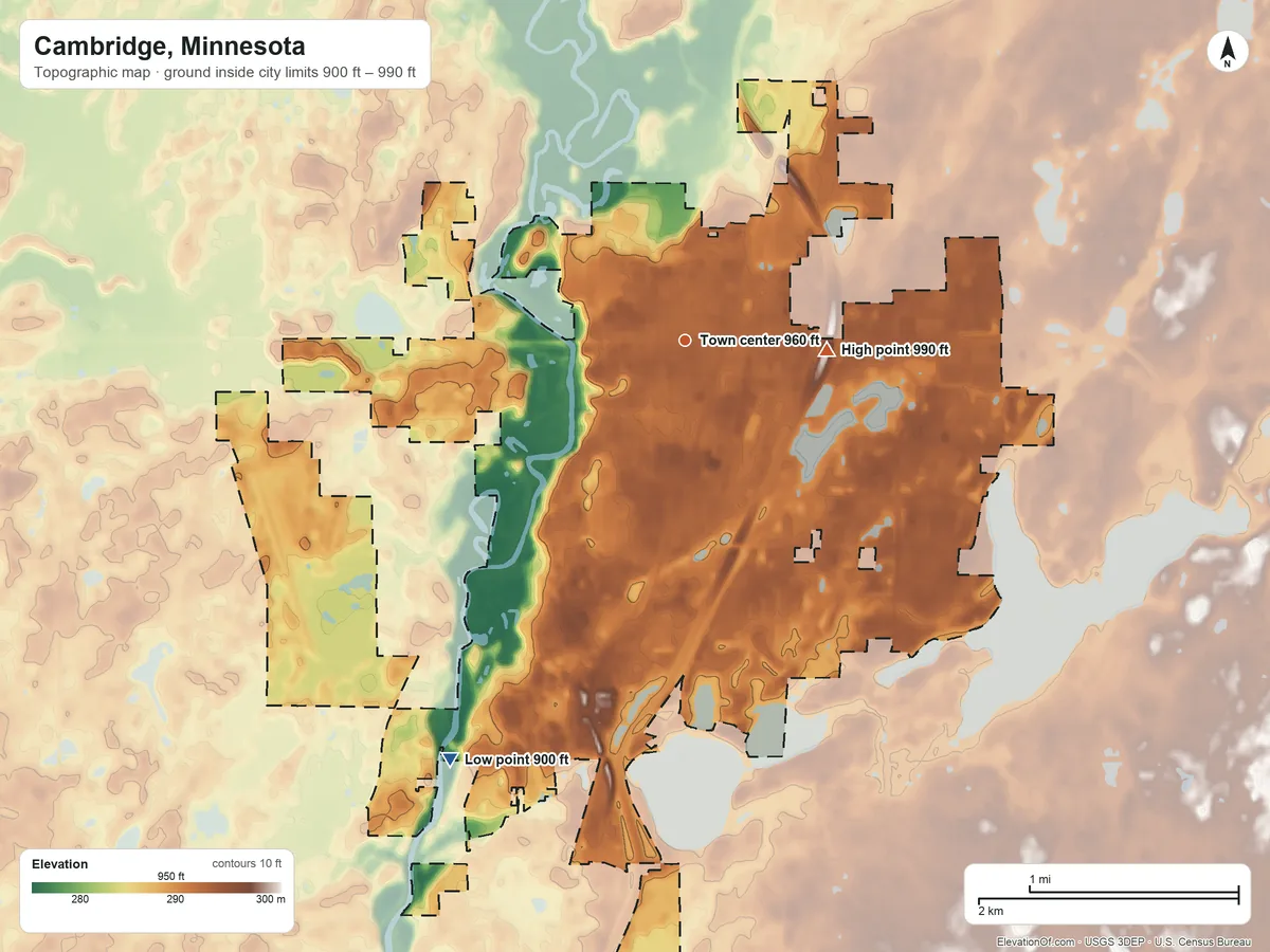 Topographic elevation map of Cambridge, Minnesota, shaded from 900 ft on the southwest side to 990 ft on the east side