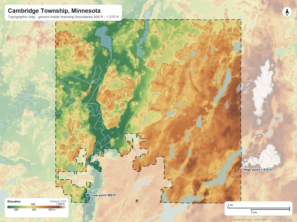 Topographic elevation map of Cambridge Township, Minnesota, shaded from 900 ft on the southwest side to 1,010 ft on the southeast side