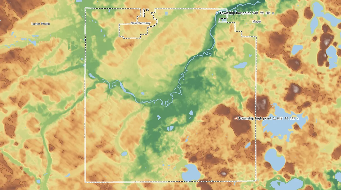 Topographic elevation map of Camden Township, Minnesota, shaded from 940 ft on the northeast side to 1,040 ft on the southeast side