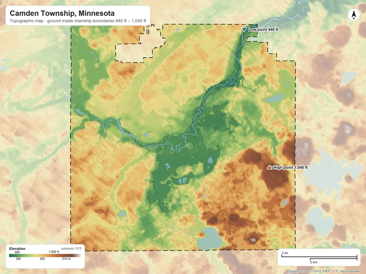 Topographic elevation map of Camden Township, Minnesota, shaded from 940 ft on the northeast side to 1,040 ft on the southeast side