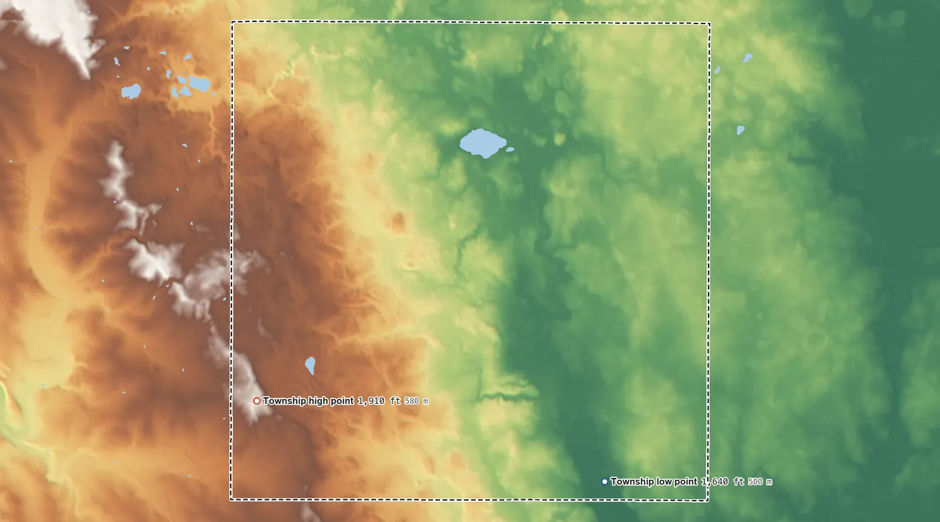 Topographic elevation map of Cameron Township, Minnesota, shaded from 1,640 ft on the south side to 1,910 ft on the southwest side