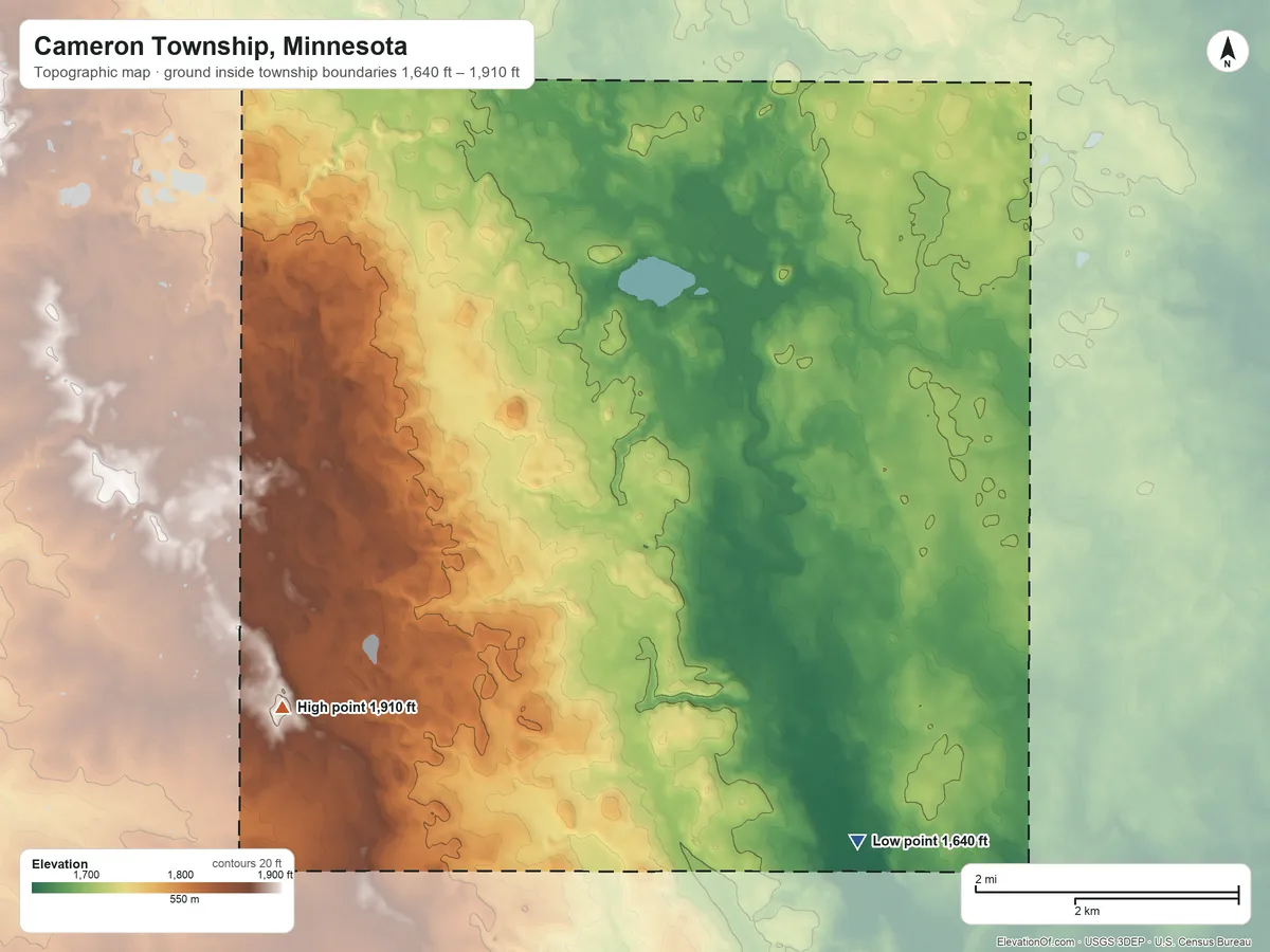 Topographic elevation map of Cameron Township, Minnesota, shaded from 1,640 ft on the south side to 1,910 ft on the southwest side