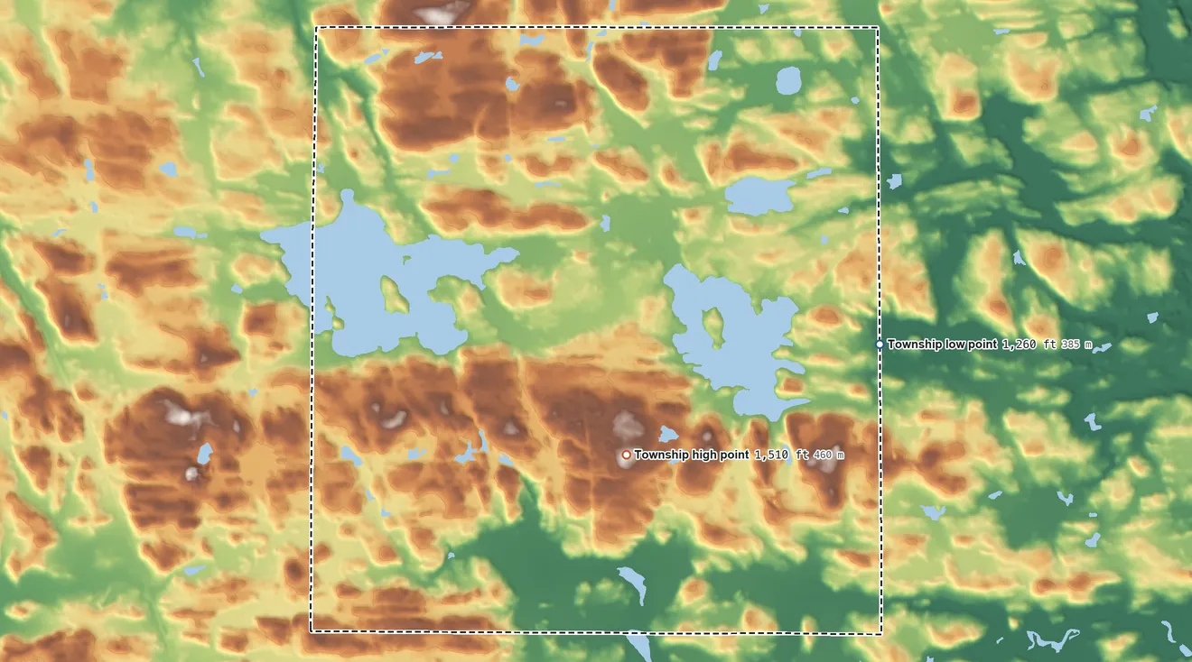 Topographic elevation map of Camp 5 Township, Minnesota, shaded from 1,260 ft on the east side to 1,510 ft on the southeast side