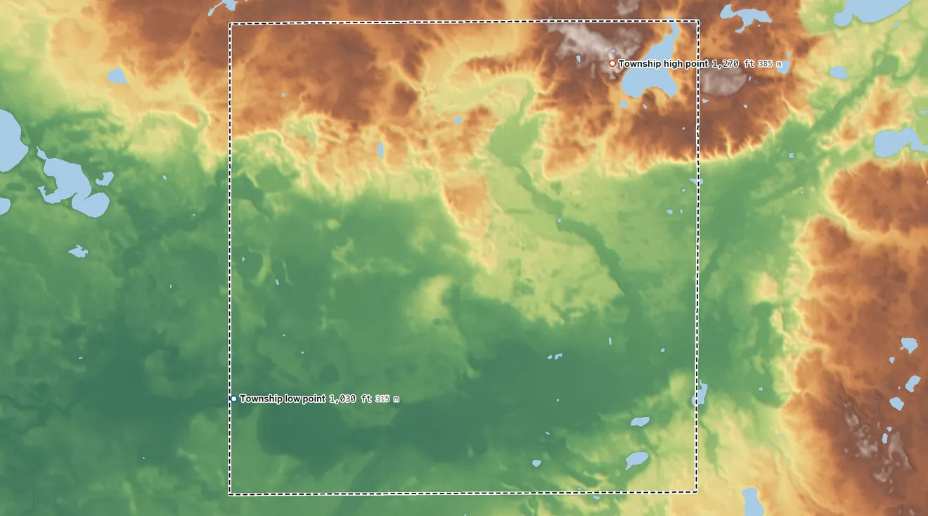 Topographic elevation map of Camp Lake Township, Minnesota, shaded from 1,030 ft on the southwest side to 1,270 ft on the northeast side