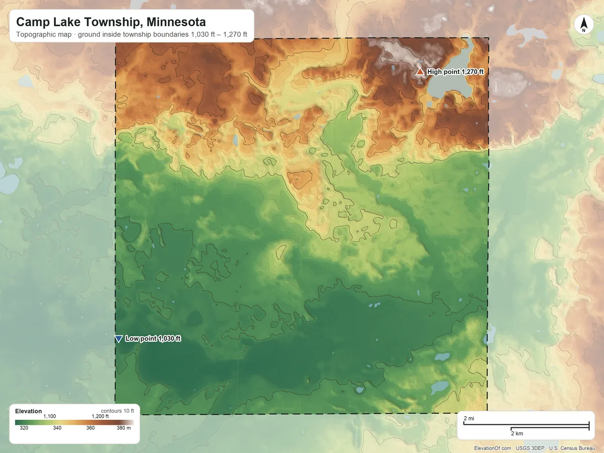 Topographic elevation map of Camp Lake Township, Minnesota, shaded from 1,030 ft on the southwest side to 1,270 ft on the northeast side