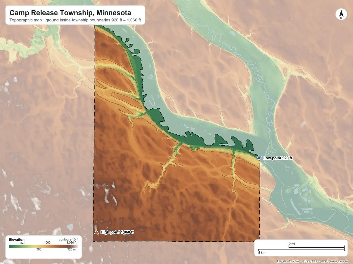 Topographic elevation map of Camp Release Township, Minnesota, shaded from 920 ft on the east side to 1,060 ft on the southwest side