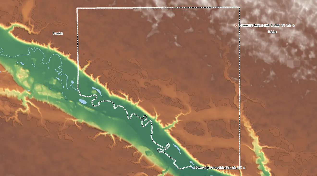 Topographic elevation map of Camp Township, Minnesota, shaded from 810 ft on the south side to 1,060 ft on the northeast side