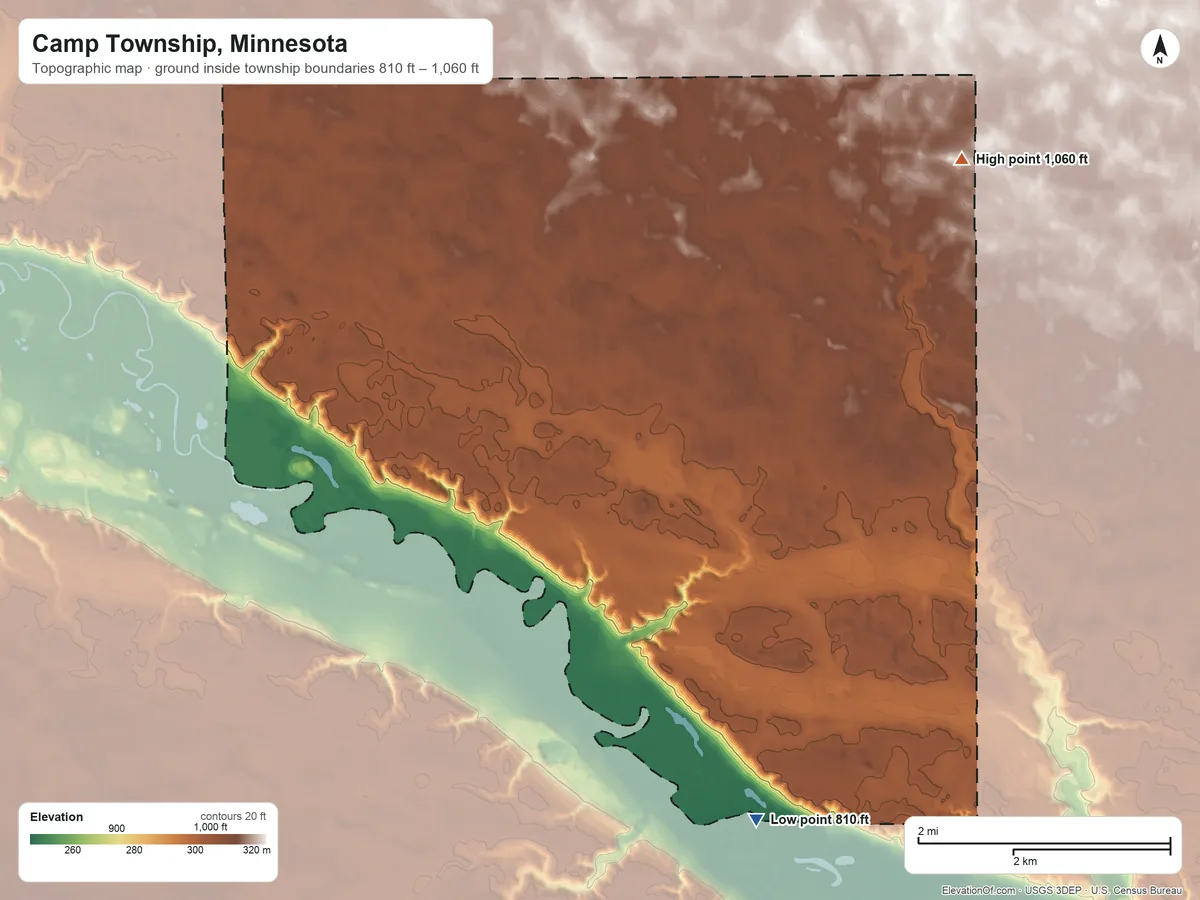 Topographic elevation map of Camp Township, Minnesota, shaded from 810 ft on the south side to 1,060 ft on the northeast side
