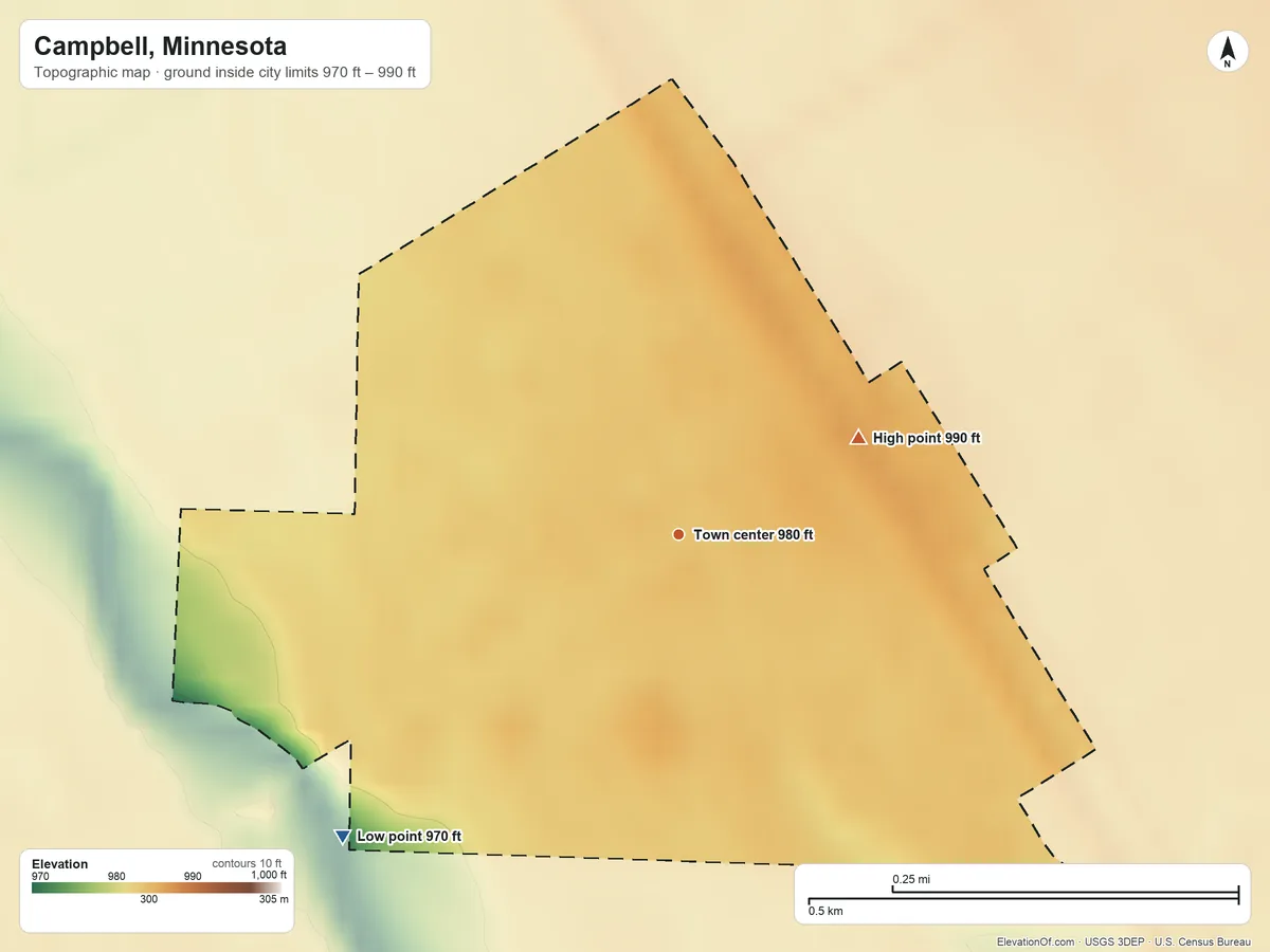 Topographic elevation map of Campbell, Minnesota, shaded from 970 ft on the southwest side to 990 ft on the northeast side
