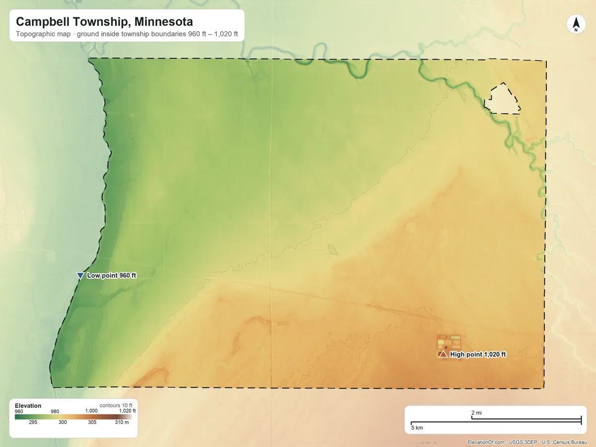 Topographic elevation map of Campbell Township, Minnesota, shaded from 960 ft on the west side to 1,020 ft on the southeast side