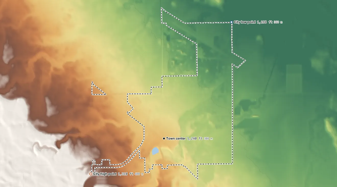 Topographic elevation map of Canby, Minnesota, shaded from 1,180 ft on the northeast side to 1,310 ft on the southwest side