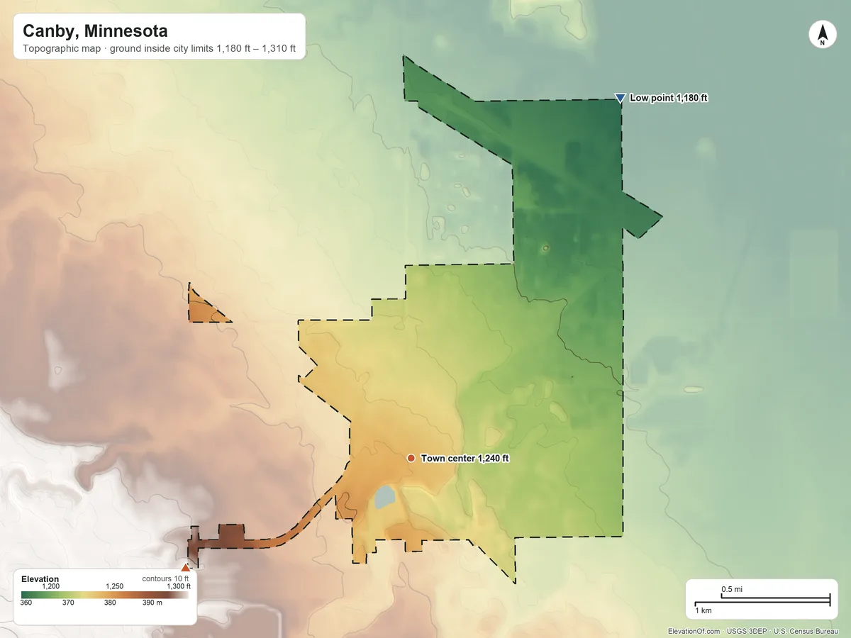 Topographic elevation map of Canby, Minnesota, shaded from 1,180 ft on the northeast side to 1,310 ft on the southwest side