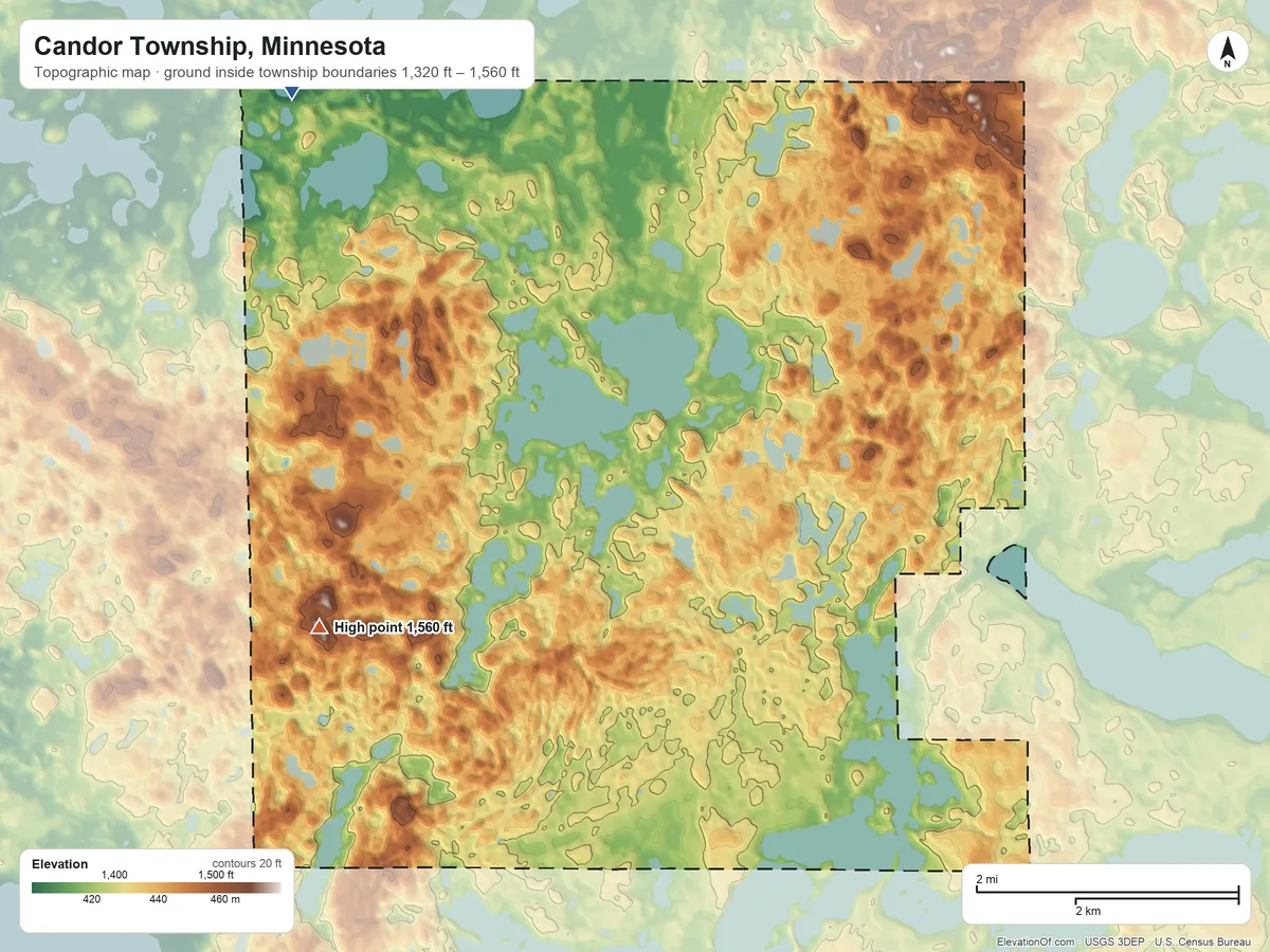Topographic elevation map of Candor Township, Minnesota, shaded from 1,320 ft on the northwest side to 1,560 ft on the southwest side