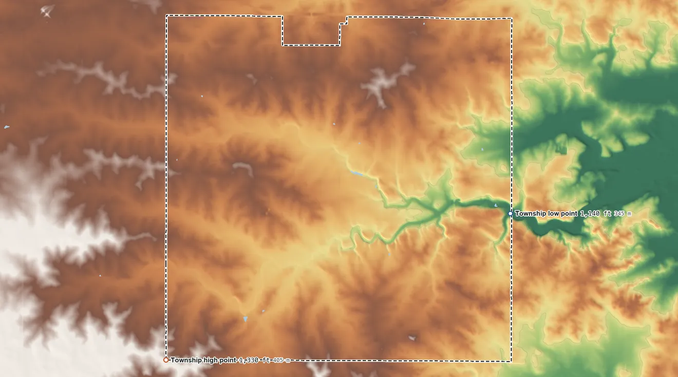 Topographic elevation map of Canisteo Township, Minnesota, shaded from 1,140 ft on the east side to 1,330 ft on the southwest side