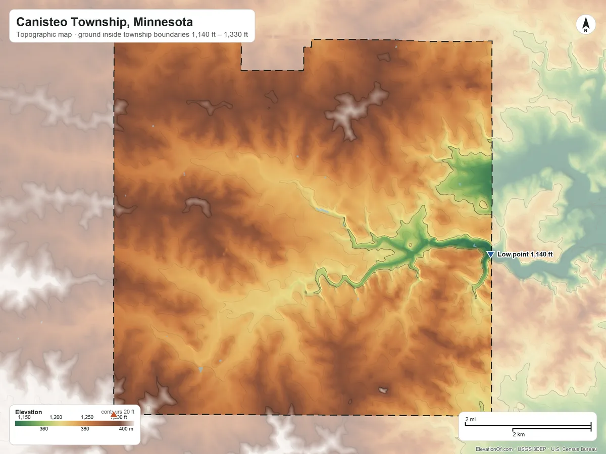 Topographic elevation map of Canisteo Township, Minnesota, shaded from 1,140 ft on the east side to 1,330 ft on the southwest side