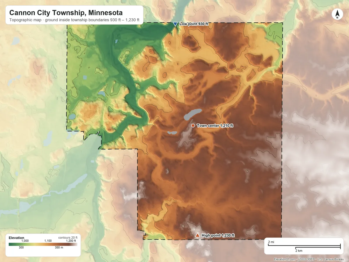 Topographic elevation map of Cannon City Township, Minnesota, shaded from 930 ft on the north side to 1,230 ft on the south side
