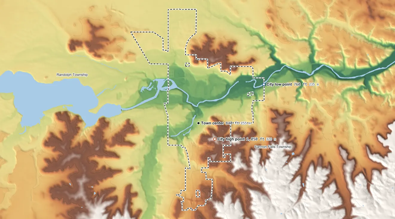 Topographic elevation map of Cannon Falls, Minnesota, shaded from 760 ft on the northeast side to 1,050 ft near the middle