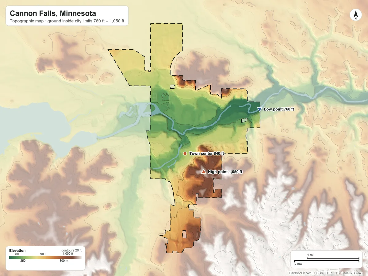 Topographic elevation map of Cannon Falls, Minnesota, shaded from 760 ft on the northeast side to 1,050 ft near the middle