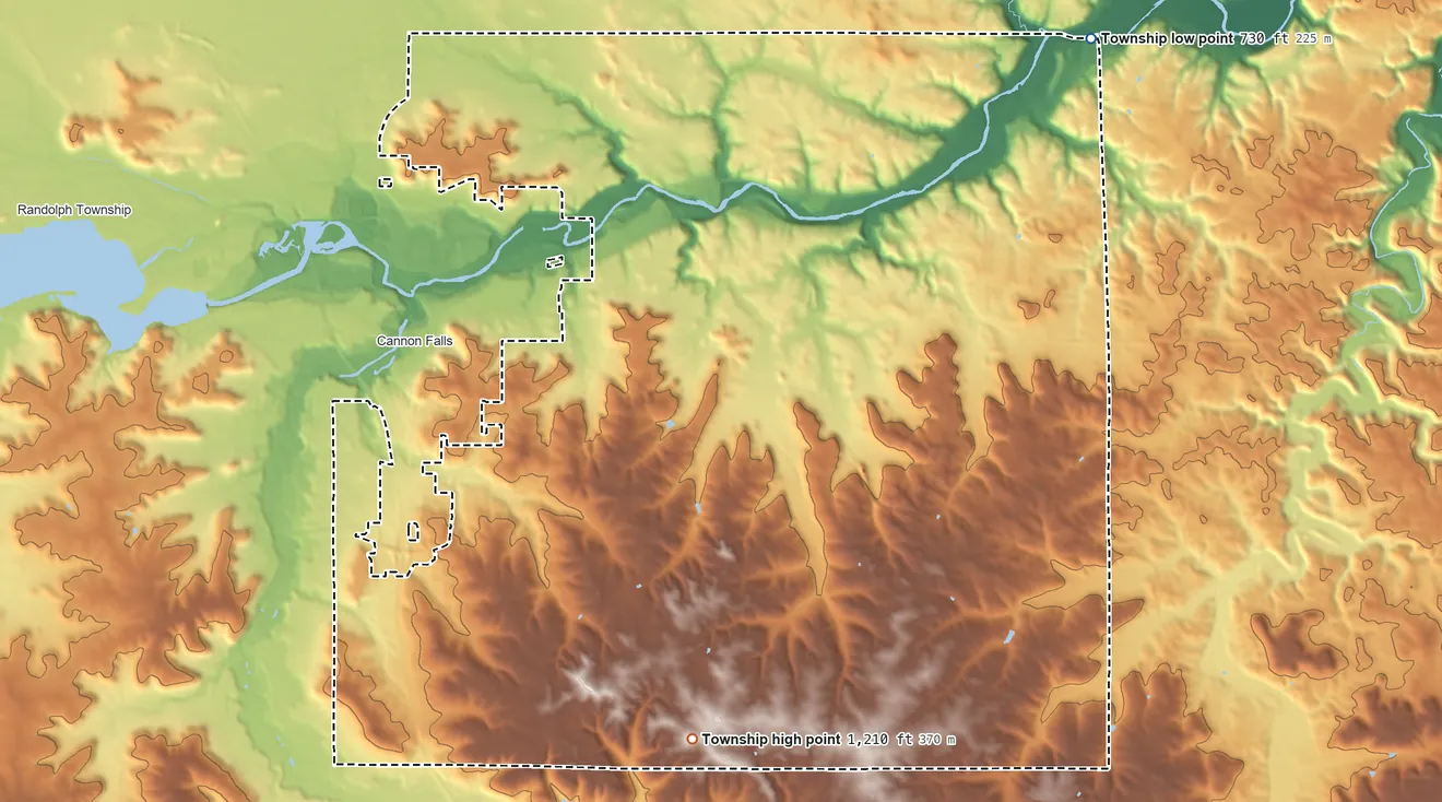 Topographic elevation map of Cannon Falls Township, Minnesota, shaded from 730 ft on the northeast side to 1,210 ft on the south side