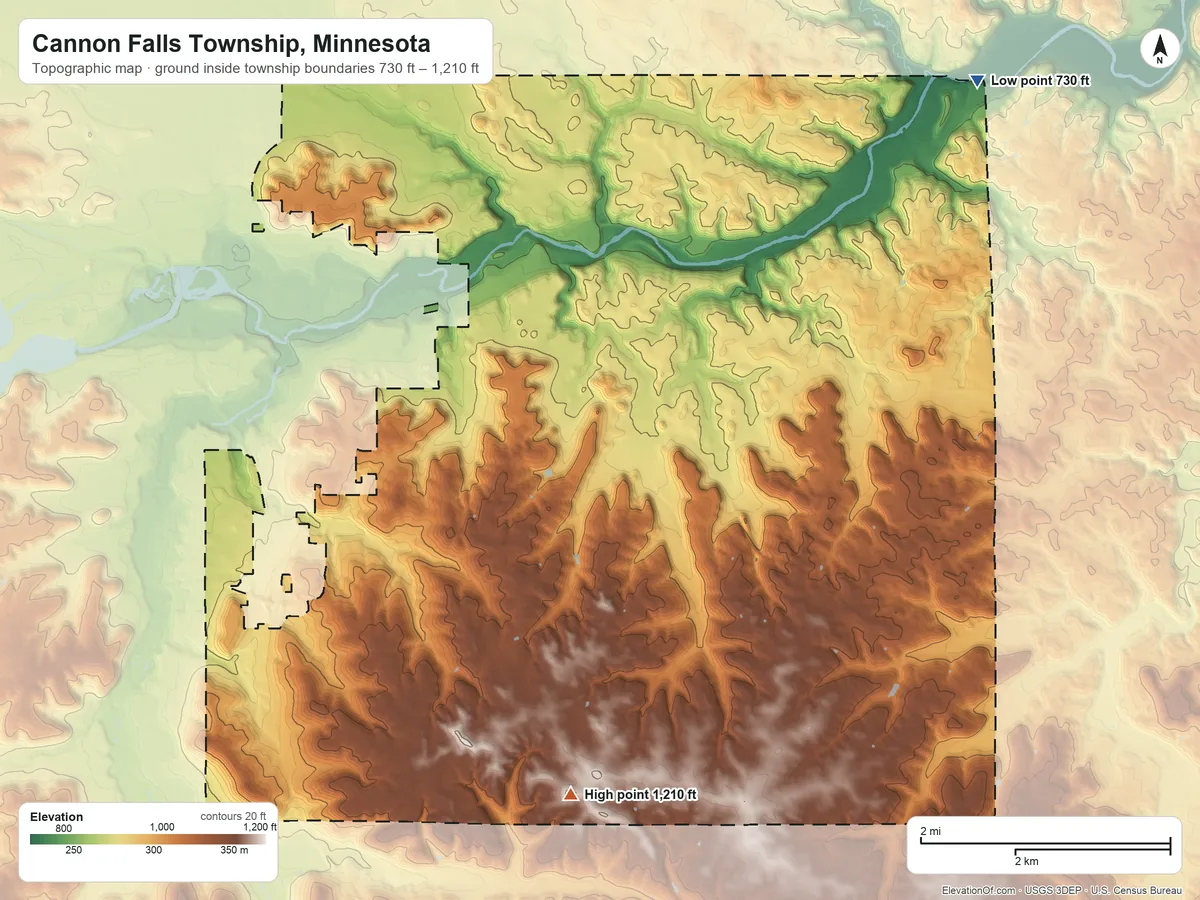Topographic elevation map of Cannon Falls Township, Minnesota, shaded from 730 ft on the northeast side to 1,210 ft on the south side
