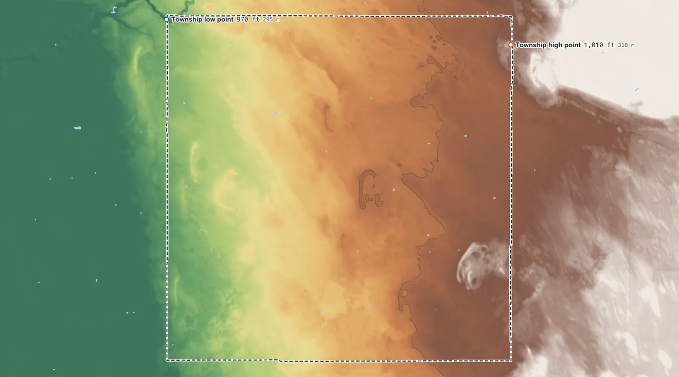 Topographic elevation map of Cannon Township, Minnesota, shaded from 970 ft on the north side to 1,010 ft on the northeast side
