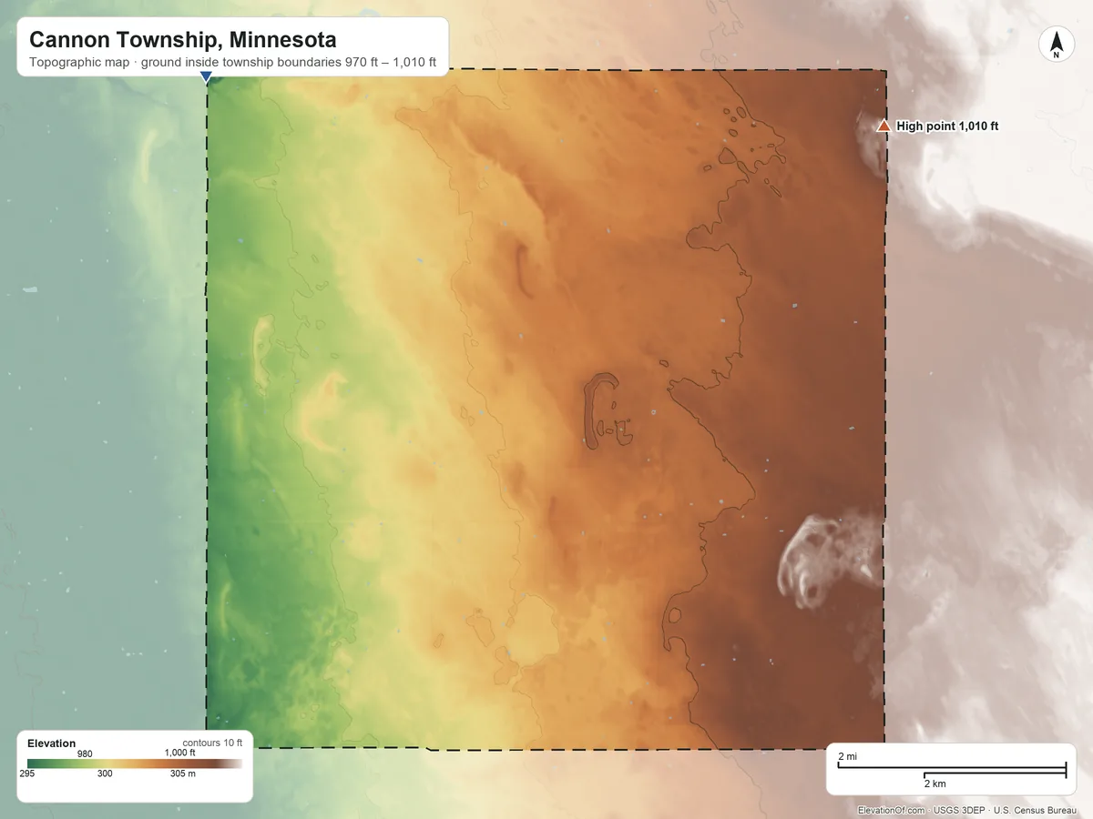 Topographic elevation map of Cannon Township, Minnesota, shaded from 970 ft on the north side to 1,010 ft on the northeast side