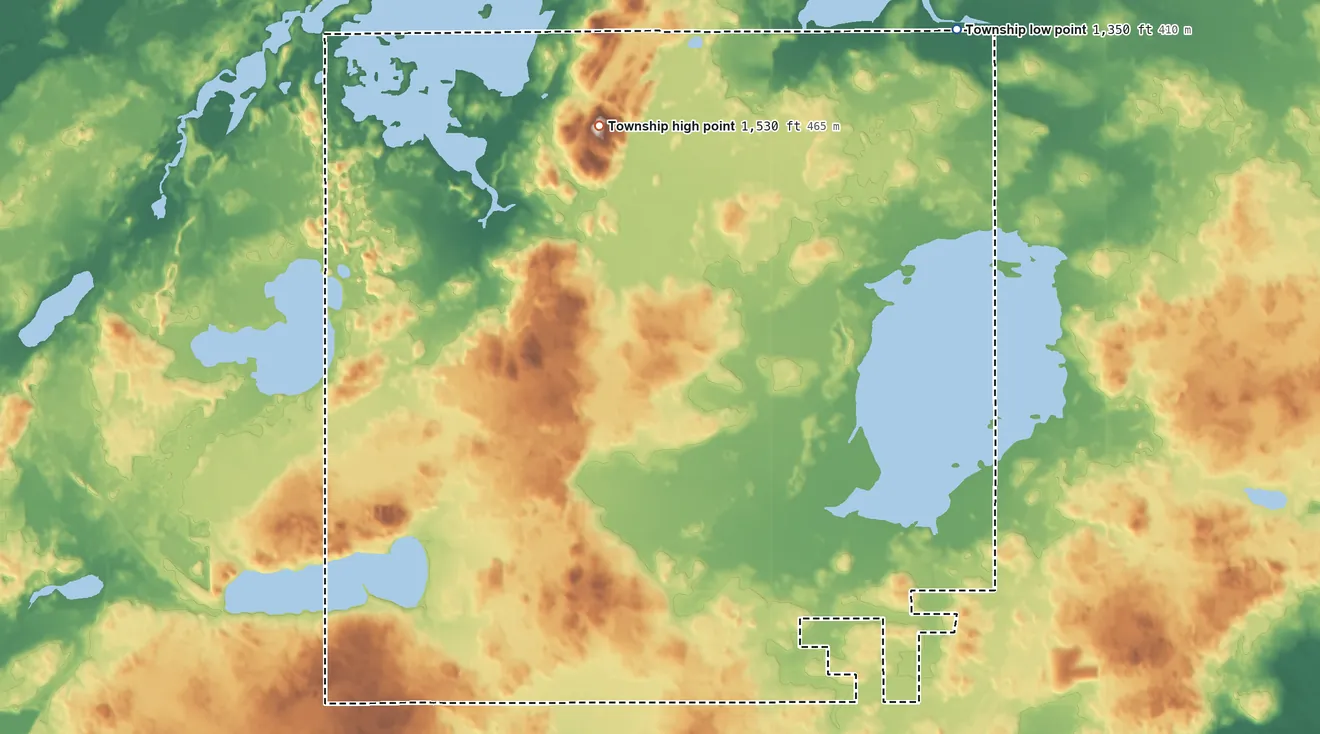 Topographic elevation map of Canosia Township, Minnesota, shaded from 1,350 ft on the northeast side to 1,530 ft on the north side