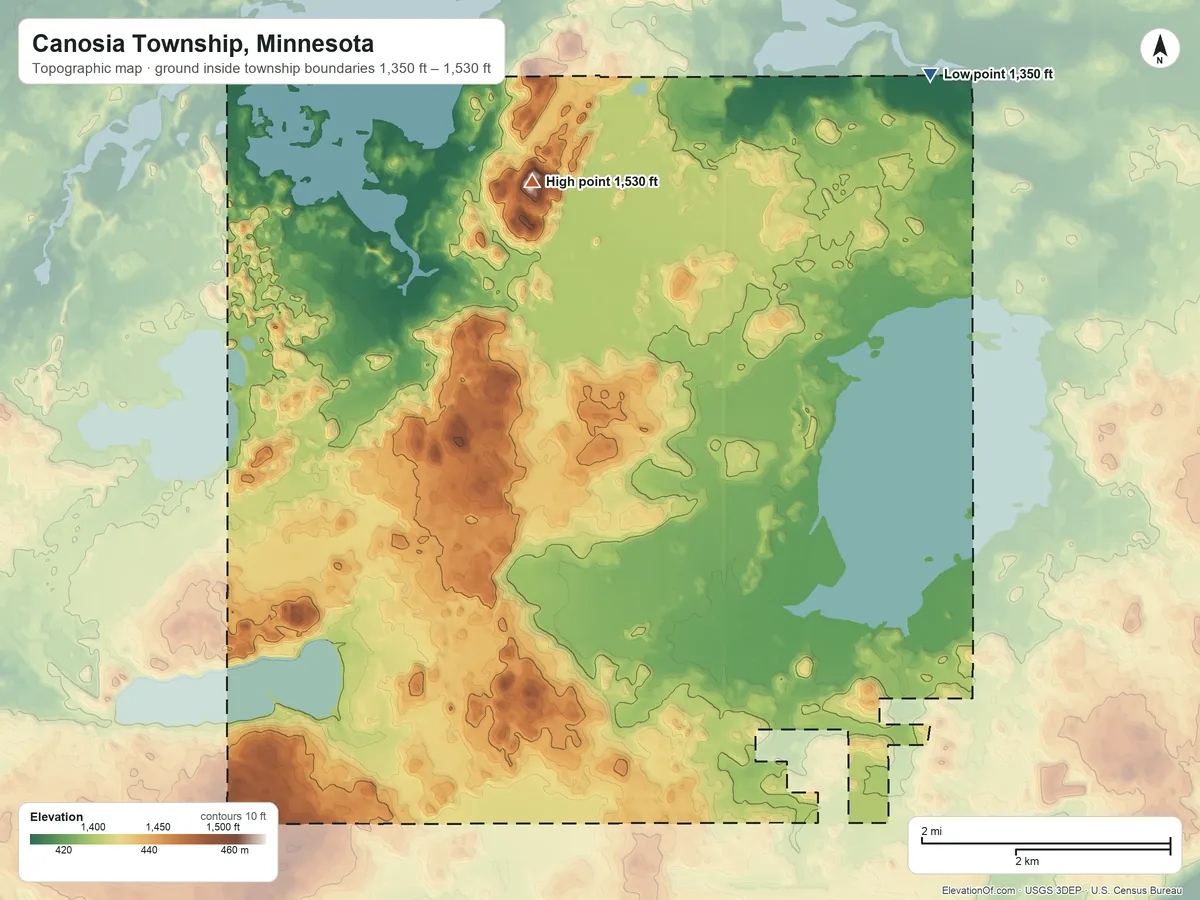Topographic elevation map of Canosia Township, Minnesota, shaded from 1,350 ft on the northeast side to 1,530 ft on the north side
