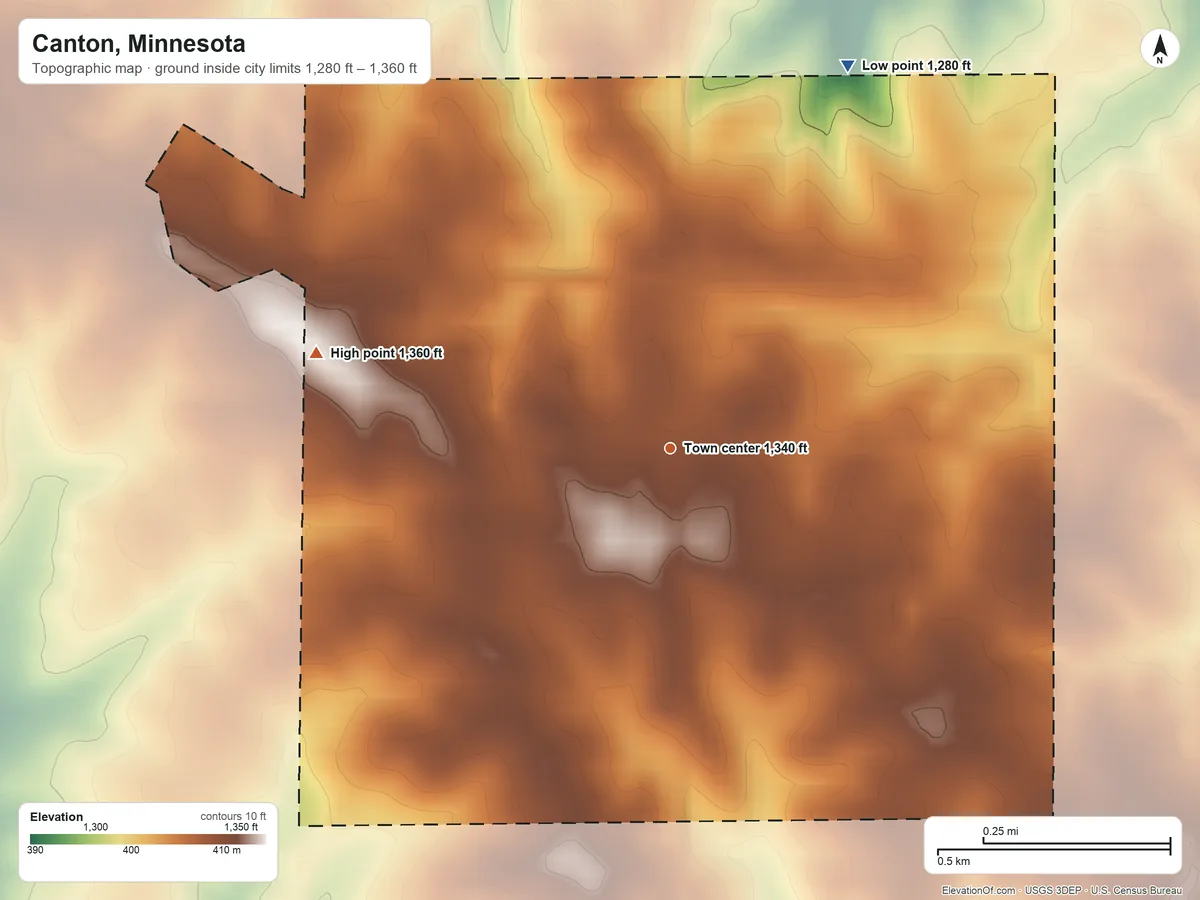 Topographic elevation map of Canton, Minnesota, shaded from 1,280 ft on the northeast side to 1,360 ft on the west side