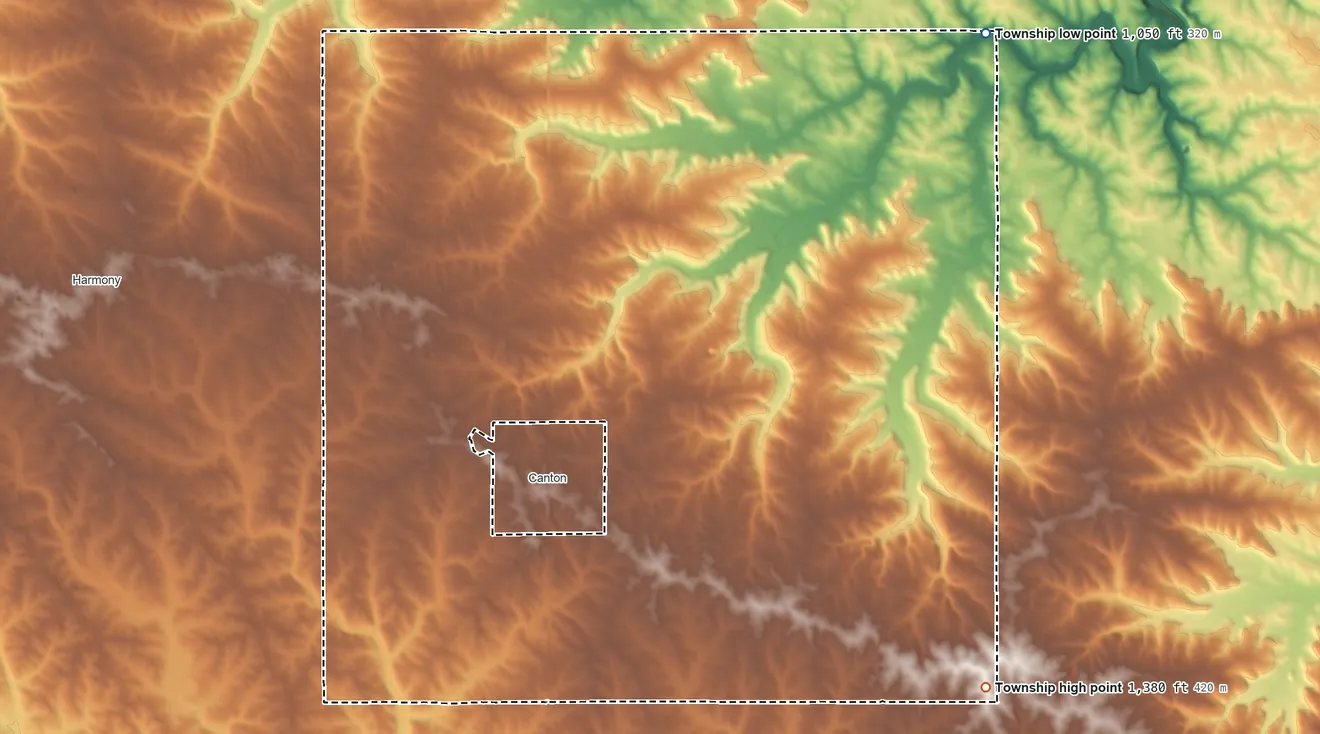 Topographic elevation map of Canton Township, Minnesota, shaded from 1,050 ft on the northeast side to 1,380 ft on the southeast side