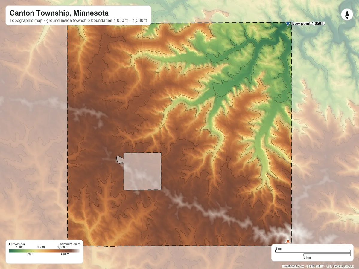 Topographic elevation map of Canton Township, Minnesota, shaded from 1,050 ft on the northeast side to 1,380 ft on the southeast side