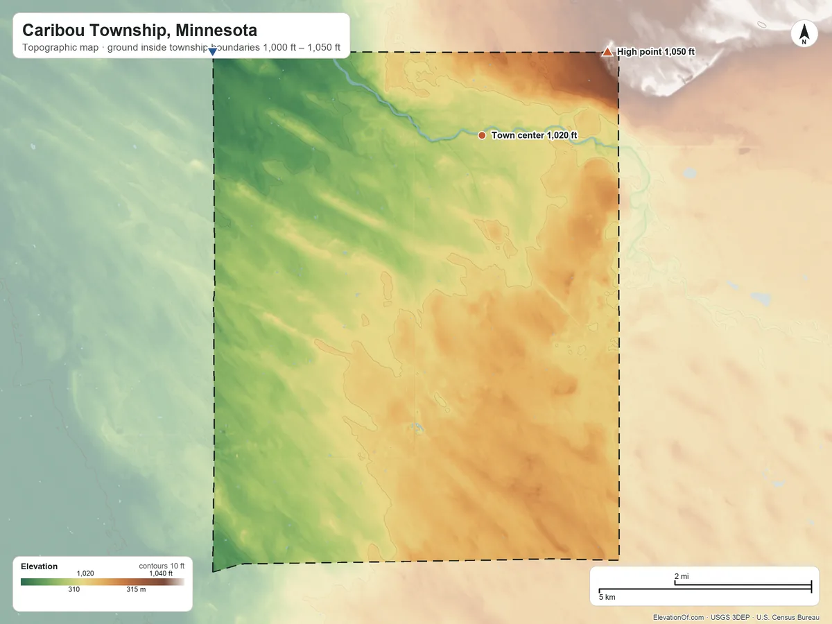 Topographic elevation map of Caribou Township, Minnesota, shaded from 1,000 ft on the west side to 1,050 ft on the northeast side