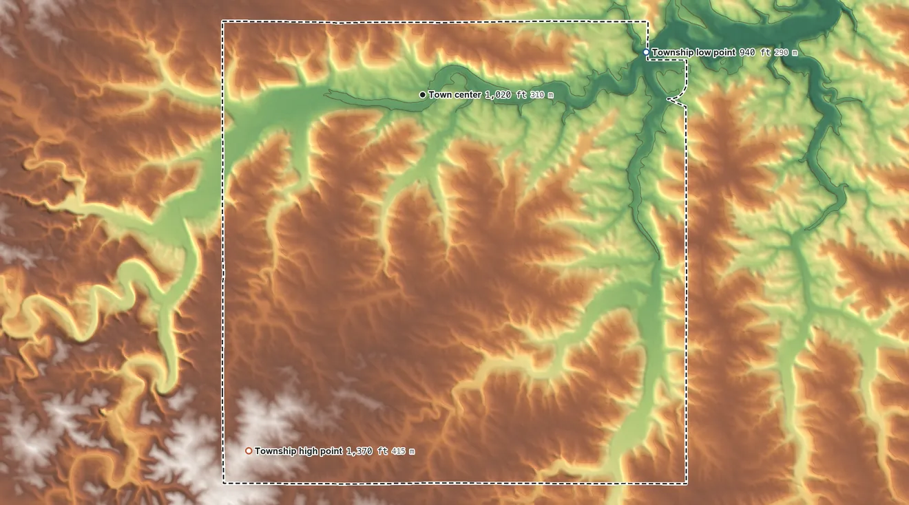Topographic elevation map of Carimona Township, Minnesota, shaded from 940 ft on the east side to 1,370 ft on the southwest side