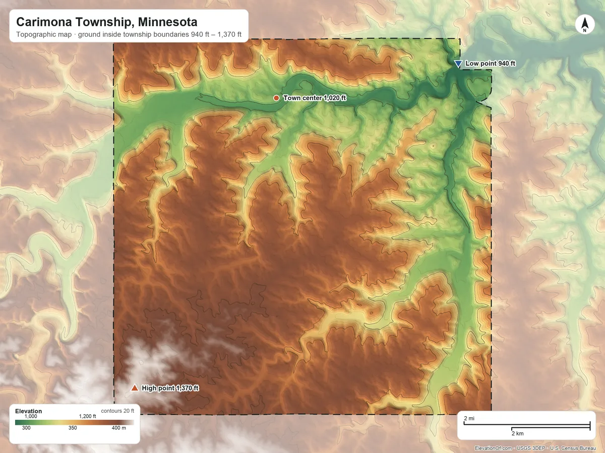 Topographic elevation map of Carimona Township, Minnesota, shaded from 940 ft on the east side to 1,370 ft on the southwest side