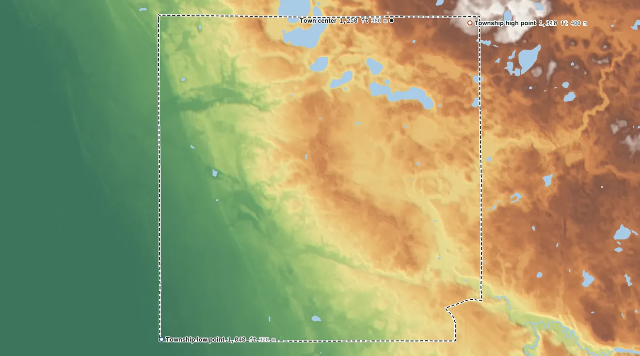 Topographic elevation map of Carlisle Township, Minnesota, shaded from 1,040 ft on the southwest side to 1,310 ft on the east side